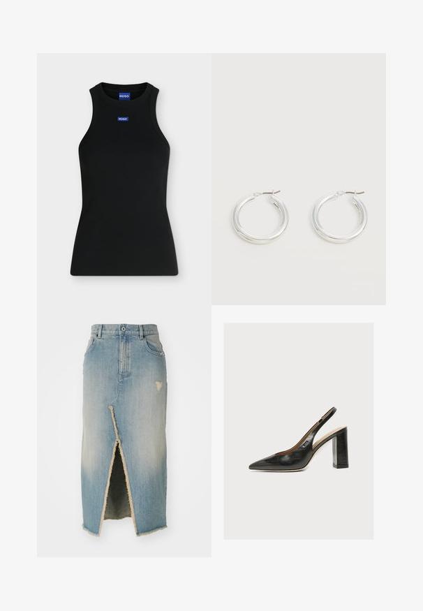 Must sleeveless tank top ümmarguse kaelusega ja väikese sinise Hugo logoga rinnal ja krae sees.; Denim seelik, helesinine, keskmise pikkusega, värvitud äärtega. Esiosal on lõhe ja kulunud detailid vöökoha ning äärte lähedal.; Mustast nahast naiste slingback-tükk kingad terava varba ja paksu kõrge plokktipuvalge taustaga.; Keskmise suurusega läikivad hõbedased rõngakujulised kõrvarõngad õhukeste metallist kinnitustega heledal neutraalsel taustal.