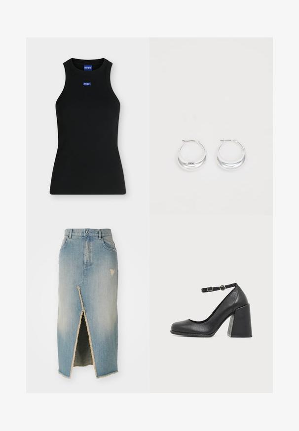 Must sleeveless tank top ümmarguse kaelusega ja väikese sinise Hugo logoga rinnal ja krae sees.; Denim seelik, helesinine, keskmise pikkusega, värvitud äärtega. Esiosal on lõhe ja kulunud detailid vöökoha ning äärte lähedal.; Mustast nahast kõrgete kontsadega king ümarate varvastega ja paksu plokikontsaga, millel on reguleeritav pahkluu rihm väikese ümmarguse pandlaga.; Hõbedased rõngastekäevõrud poleeritud viimistlusega ja DKNY brändimisega, esitatud lihtsa valge tausta ees.