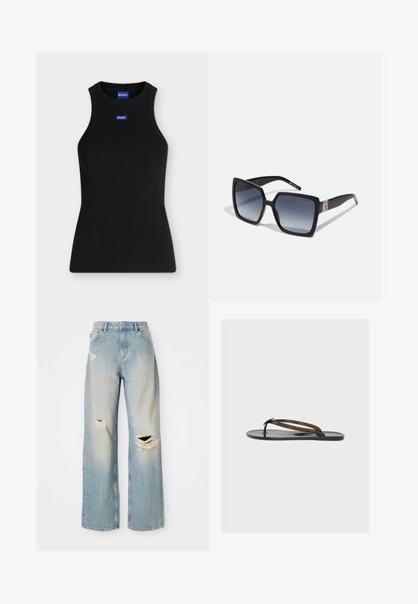 Schwarzes ärmelloses Tanktop mit Rundhalsausschnitt und kleinem blauem Hugo-Logo auf der Brust und innen am Kragen.; Hellblaue, gerade geschnittene Jeans mit hoher Taille, Gürtelschlaufen und ausgefransten Rissen am linken Oberschenkel, rechten Knie und unteren linken Bein.; Schwarze flache Flip-Flop-Sandale mit dünnen Riemchen und glänzendem Finish, seitlich auf weißem Hintergrund gesehen.; Schwarze quadratische Sonnenbrille mit verlaufenden Gläsern, auffälligem Logo an der Seite, dicken Rahmen und glatter Oberfläche.