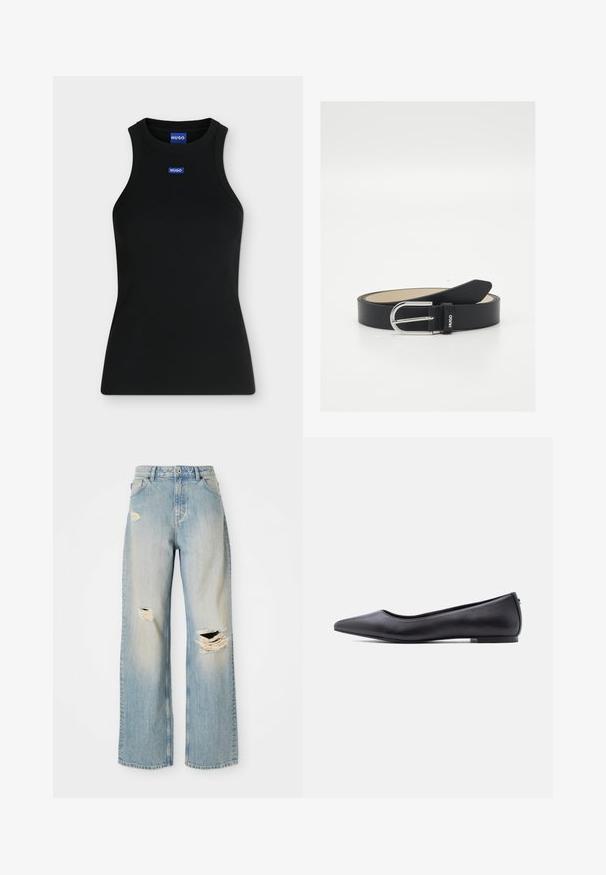 Must sleeveless tank top ümmarguse kaelusega ja väikese sinise Hugo logoga rinnal ja krae sees.; Heledad sinine sirge jala teksad, kõrge vöökohaga, vööaasadega ning kulumisega rebendid vasakul reiel, paremal põlvel ja vasaku jala alumises osas.; Must nahkjala kinga madala kontsaga, külgvaates valge tausta ees.; Must mustriba must nahkrihm tekstuuriga pinnaga, hõbedane metallist pandla ja reljeefse logoga. Lihtne disain tavalise laius ja kitseneva otsaga.