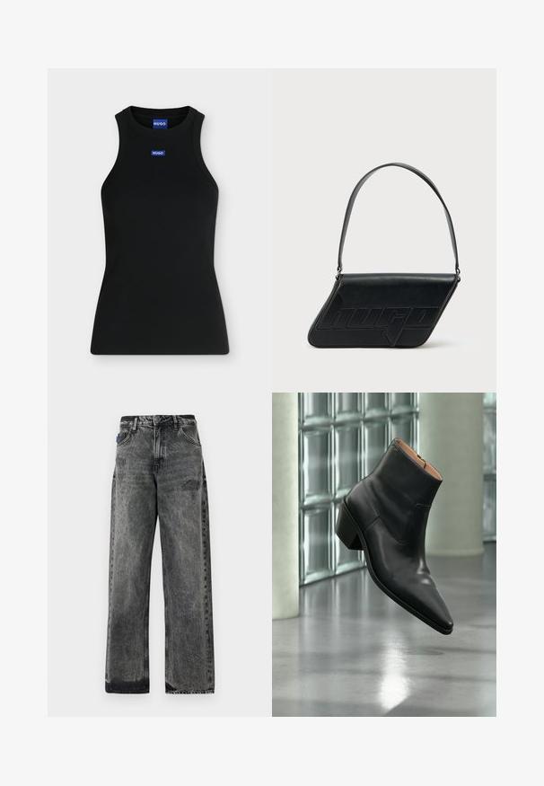 Sort ærmeløs tanktop med rund hals og lille blåt Hugo-logo på brystet og indersiden af kraven.; Bredde ben sorte denimjeans med en falmet vask, slidte detaljer foran og standard fem-lomme design.; Sort læderankelstøvle med spids tå og blokhæl, der svæver over en reflekterende grå gulv nær en væg af glasblokke.; Sort skuldertaske i læder med trekantet form, præget logo og en enkelt justerbar rem. Minimalistisk design med glat tekstur.