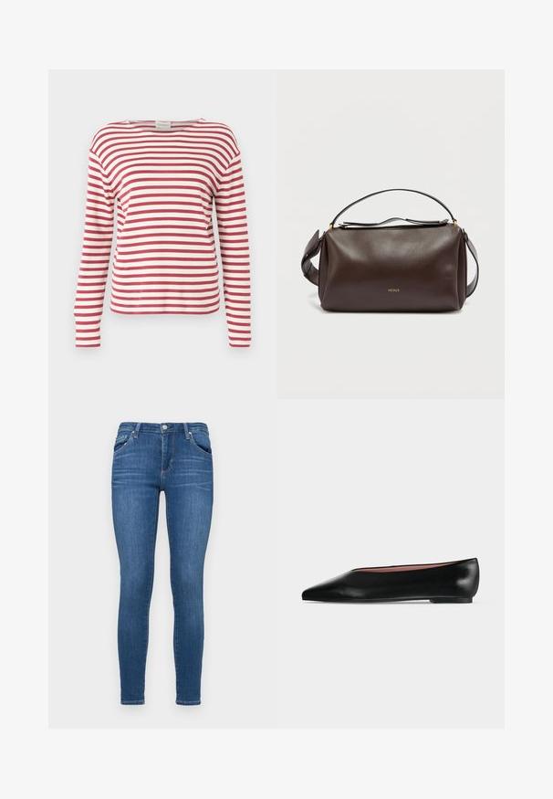 CLOSED LONG SLEEVE - Langærmet T-shirt - cherry red; Slanke blå jeans i denimmateriale med mellemhøj talje, fem lomme-design og en glat tekstur med minimal falming.; Sort damesko i læder med flad hæl og spids tå, vist fra siden på en ensfarvet lys grå baggrund.; Brun skuldertaske i læder med et struktureret design, der har et gyldent logo, en lynlåslukning øverst og en aftagelig rem. Glat tekstur.