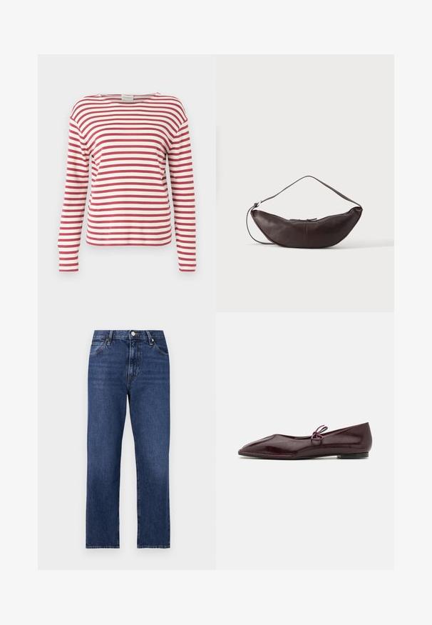 CLOSED LONG SLEEVE - Langarmshirt - cherry red; Jeans aus Denim in einem dunklen Blauton. Gerades Bein Design mit fünf Taschen, Frontknopfverschluss und kontrastierenden Stickereidetails.; Ballerinas aus bordeauxrotem Lackleder mit einer spitzen Zehenform und einem dekorativen lila Bogen auf dem Blatt; flaches Sohlen-Design.; Dunkelbraune Leder-Schultertasche in Halbmondform mit gebogenem Riemen und sichtbarer Naht auf schlichtem Hintergrund.