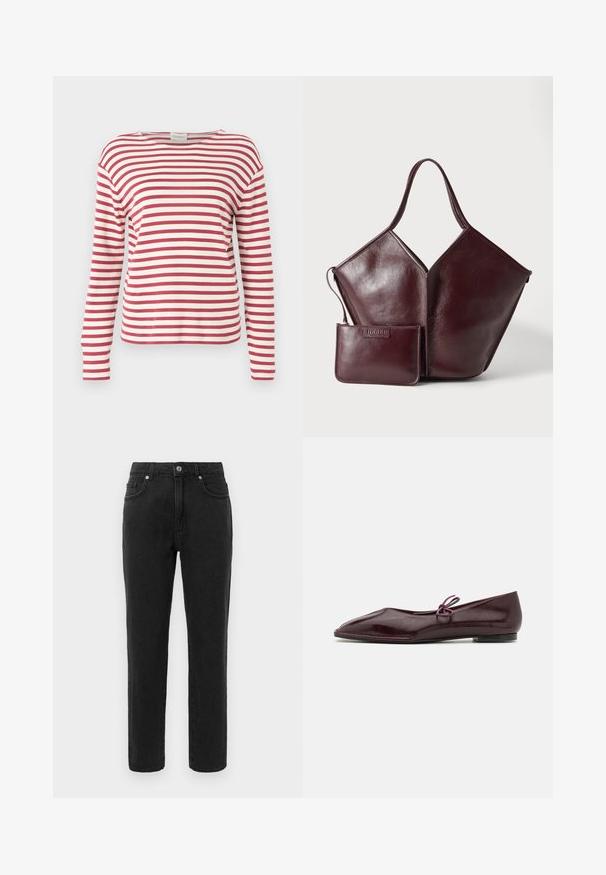 CLOSED LONG SLEEVE - Longsleeve - cherry red; Zwarte denim jeans met een recht beenontwerp, standaard vijf-pocket styling en een knoopsluiting. Heeft subtiele stikdetails.; Ballerina's in bordeaux patenta leder met een spitse neus en een decoratieve paarse strik op de wreef; ontwerp met platte zool.; Donkerbruine leren handtas met een enkele handgreep en een bijpassend klein etui met ritssluiting, geplaatst vooraan op een lichte achtergrond.