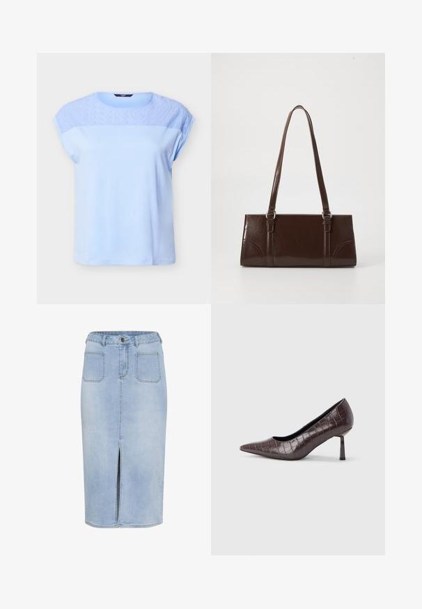 Hellblaues Kurzarmshirt mit Spitzenblumenmuster auf der oberen Brust und den Schultern, rundem Ausschnitt und lässiger Passform.; Hellblaue Denim-Midirock mit einem hohen Schlitz, fünf Taschen und einer figurbetonten Taille mit Gürtelschlaufen und Knopfverschluss.; Braune Pumps mit spitz zulaufender Spitze aus Kunstleder in Krokodiloptik, mit schlankem, eckigem Absatz und glatter Innenfütterung.; Braune Lackleder-Handtasche in rechteckiger Form, mit zwei langen Griffen und subtilen, geschwungenen Akzenten auf der Vorderseite.