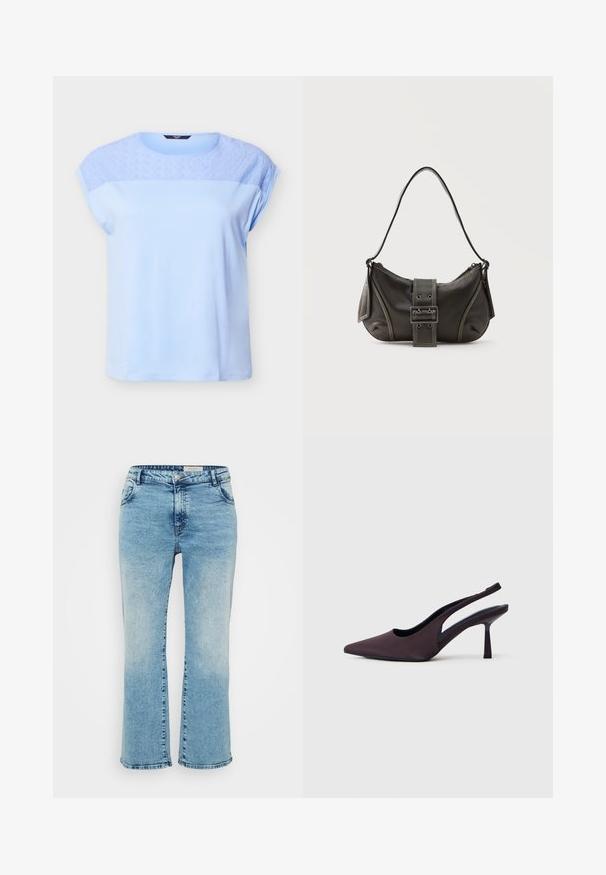 Lyseblå kortærmet top med blonder i blomsterdesign på øvre bryst og skuldre, rund halsudskæring og løs pasform.; Lyseblå denimjeans med lige snit, der har knaplukning, fem lommer og subtil falming ved knæene.; Slingback sko med hæl i mørk lilla stof. Spids tå-design, åbne sider og en slank, firkantet hæl. Glat tekstur.; Sort læder skuldertaske med spænde på remmen, afrundede kanter og kontrasterende hvide syninger på en ensfarvet baggrund.
