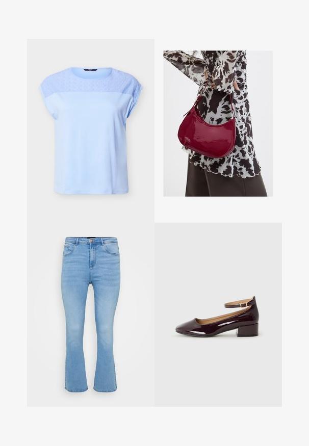 Top azul claro de manga corta con patrón floral de encaje en la parte superior del pecho y los hombros, escote redondo y ajuste holgado.; Jeans acampanados de color azul claro en denim de algodón. Tienen una cintura alta, cinco bolsillos y costuras visibles a lo largo de las costuras y el dobladillo.; Zapato de tacón burdeos oscuro y brillante con puntera redonda y correa en el tobillo, situado sobre un fondo liso.; Mujer con blusa de estampado en blanco y negro sosteniendo un bolso de hombro rojo brillante sobre un fondo liso.