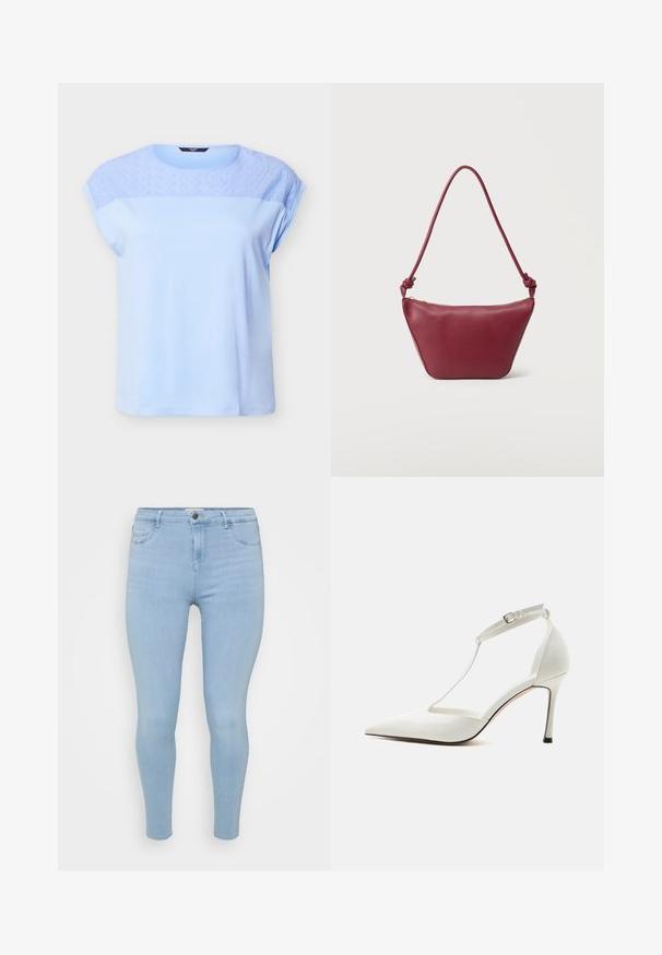 Lyseblå kortærmet top med blonder i blomsterdesign på øvre bryst og skuldre, rund halsudskæring og løs pasform.; Lysblå skinny jeans lavet af denim, med knaplukning, fem lommer og en glat, let falmet tekstur.; Hvid spids højhælet sko med tynd ankelrem og spænde, glat finish og slank stilethæl på ensfarvet baggrund.; Lille skuldertaske i bordeaux læder med knyttet rem og lynlåslukning øverst mod en ensartet lys baggrund.