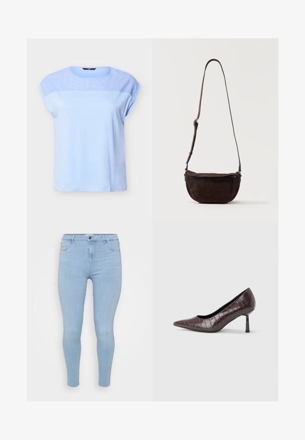 Lyseblå kortærmet top med blonder i blomsterdesign på øvre bryst og skuldre, rund halsudskæring og løs pasform.; Lysblå skinny jeans lavet af denim, med knaplukning, fem lommer og en glat, let falmet tekstur.; Brune kunstlæder stiletter med spidse tæer og krokodilletekstur, der har en slank, vinklet hæl og en glat inderside.; Mørkebrun ruskind skuldertaske med justerbar rem og frontlynlås-lomme, stående mod en ensfarvet lys baggrund.