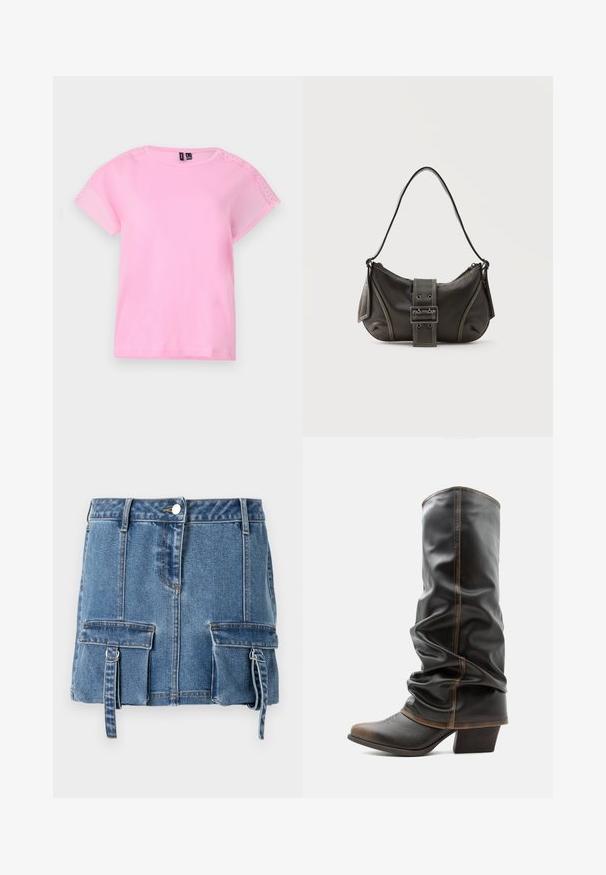 Helles rosa Kurzarm-T-Shirt mit Spitzendetail an den Schultern, Rundhals und lockerer Passform. Hergestellt aus weichem, leichtem Stoff.; Denim-Minirock in hellblau, mit hoher Taille, vorderem Knopfverschluss und zwei Vordertaschen mit verstellbaren Trägern.; Hoher schwarzer Lederstiefel mit braunen Akzenten, spitzer Zehenform und gestapeltem Absatz vor schlichtem weißem Hintergrund.; Schwarze Leder-Schultertasche mit Schnallengurt-Detail, abgerundeten Kanten und kontrastierenden weißen Nähten auf schlichtem Hintergrund.