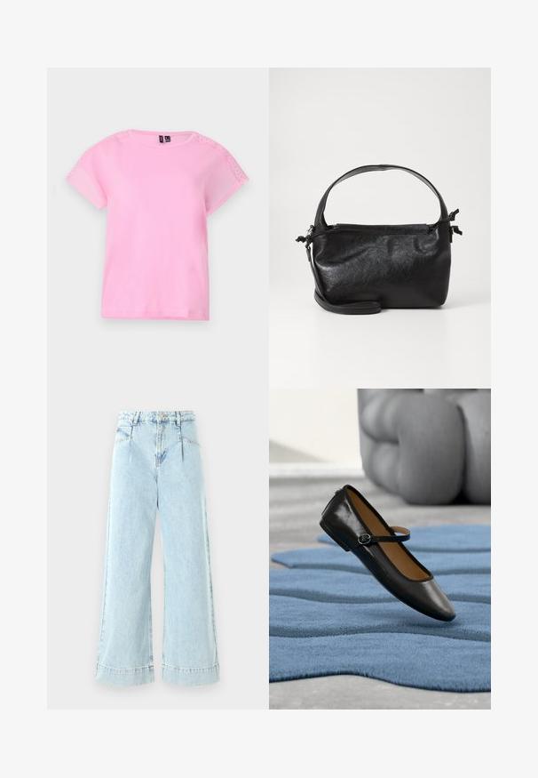 T-shirt rose clair à manches courtes avec des détails en dentelle sur les épaules, col rond et coupe décontractée. Réalisé en tissu doux et léger.; Jeans larges en denim bleu clair, avec une taille haute, des poches avant et des accents cousus à l'ourlet.; Chaussure Mary Jane en cuir noir avec bride à boucle, posée sur un tapis bleu texturé, avec un canapé gris capitonné flou en arrière-plan.; Sac à main en cuir noir au design structuré, avec une poignée arrondie et une bandoulière amovible. Présente une texture lisse et un éclat subtil.