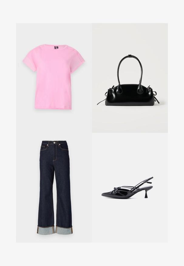Camiseta de manga corta rosa claro con detalles de encaje en los hombros, cuello redondo y un corte holgado. Fabricada con un tejido suave y ligero.; Jeans de mezclilla oscura de pierna ancha con dobladillo sin terminar, costuras naranjas en contraste y dos bolsillos delanteros; los puños enrollados revelan mezclilla más clara debajo.; Zapato de salón slingback de charol negro con punta afilada, tacón bajo tipo kitten, y detalle decorativo de lazo anudado en la parte delantera.; Pequeño bolso negro brillante con dos asas largas y detalles de cordón lateral sobre un fondo claro liso.