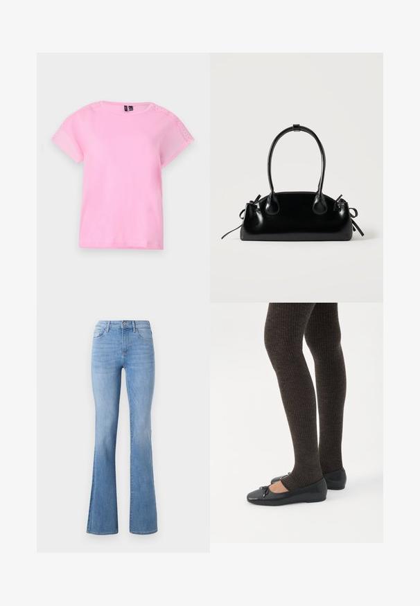 T-shirt rose clair à manches courtes avec des détails en dentelle sur les épaules, col rond et coupe décontractée. Réalisé en tissu doux et léger.; Jeans évasés bleu clair avec une taille mi-haute, un design classique à cinq poches et une légère décoloration le long des jambes. Texture en denim.; Jambes portant des leggings côtelés foncés associés à des ballerines noires avec de petits détails en nœud sur fond blanc.; Petit sac à main noir brillant avec deux longues anses et des détails à cordon sur les côtés sur un fond clair uni.