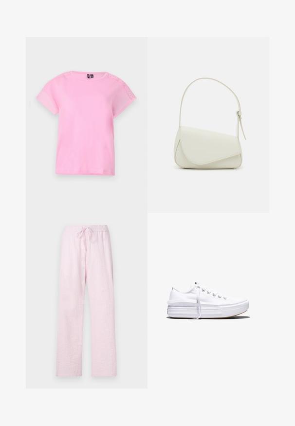 Camiseta de manga corta rosa claro con detalles de encaje en los hombros, cuello redondo y un corte holgado. Fabricada con un tejido suave y ligero.; Pantalones de pijama color rosa claro en una tela texturizada con un corte holgado, que cuentan con una cintura elástica y un cordón para ajustes.; Zapatilla blanca de lona de perfil bajo con suela gruesa de plataforma, cierre de cordones en el frente y puntera de goma texturizada, mostrada de perfil.; Bolso de mano de imitación cuero blanco con una forma triangular estructurada, correa ajustable única y cierre con solapa acentuada en curva.