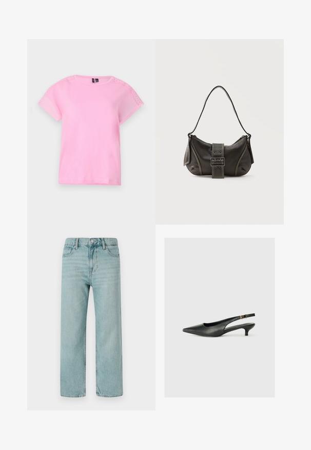 Lichtroze t-shirt met korte mouwen en kantdetails op de schouders, ronde hals en een ontspannen pasvorm. Gemaakt van zachte, lichte stof.; Lichtblauwe wijde jeans van denim, met een klassieke vijf-pocketontwerp, strakke lijnen en een normale tailleband met een knoopsluiting.; Zwarte puntschoen met slingback van soepel leer. Kenmerkt zich door een dunne hak en een gespdetail op de verstelbare band.; Zwarte leren schoudertas met gespsluiting aan de riem, afgeronde hoeken en contrasterende witte stiksels op een effen achtergrond.