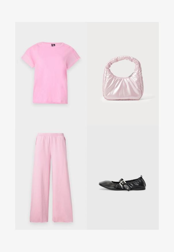 Camiseta de manga corta rosa claro con detalles de encaje en los hombros, cuello redondo y un corte holgado. Fabricada con un tejido suave y ligero.; Pantalones de pierna ancha rosa, hechos de una tela suave, con una cintura elástica y bolsillos laterales. Presenta un corte recto y fluido.; Zapato plano de piel negra con puntera afilada, detalle fruncido alrededor de la abertura y un acento de hebilla plateada en la correa ajustable.; Bolso de mano acolchado en color rosa con un diseño redondeado, fabricado en material brillante. Presenta un asa fruncida y un cierre de cremallera para un acceso seguro.