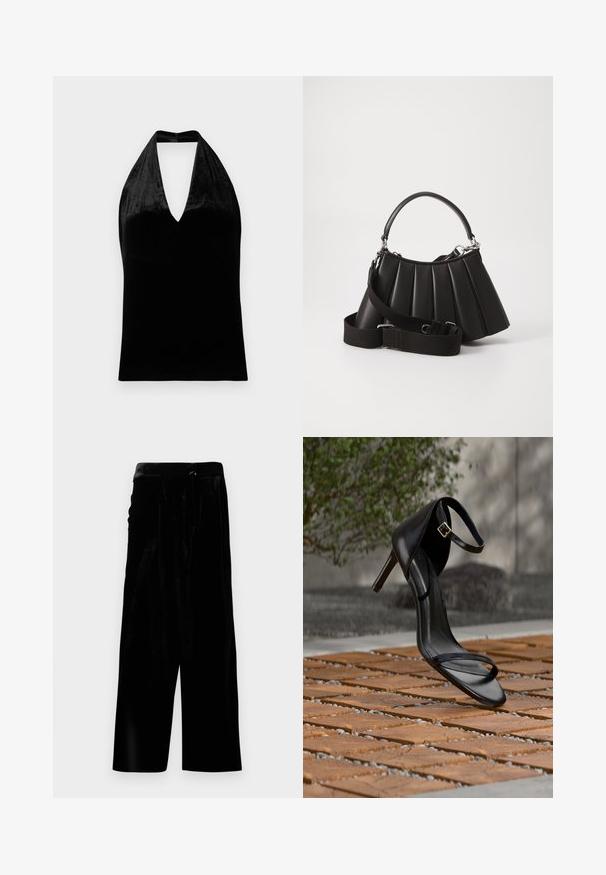 Haut halter en velours noir avec décolleté en V profond et larges bretelles, sans manches avec une texture lisse et douce.; Pantalons larges en velours noir avec une taille haute et une fermeture éclair sur le côté, présentés sur un fond blanc.; Sandale noire à talon haut avec sangle à la cheville, suspendue au-dessus d'un sol en carreaux de bois à l'extérieur, avec un arrière-plan flou de verdure et de pierre.; Sac à main plissé noir avec une poignée arrondie, une bandoulière réglable et une texture brillante. Présente des accessoires en argent et une silhouette structurée.