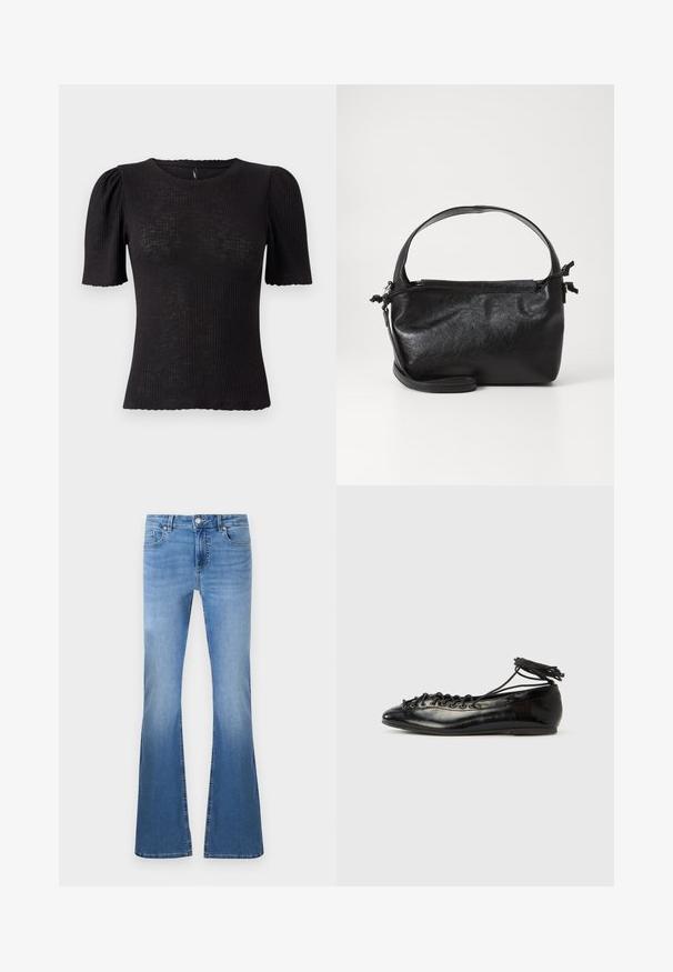 Haut noir côtelé avec manches courtes bouffantes, encolure arrondie, tissu texturé et bord festonné aux ouvertures des manches.; Jeans évasés bleu clair avec une finition délavée, dotés d'une fermeture à bouton et à glissière à l'avant, de cinq poches et de détails de couture visibles.; Ballerines en cuir verni noir avec un bout rond, un design à lacets et une semelle plate. Texture lisse avec peu de détails.; Sac à main en cuir noir au design structuré, avec une poignée arrondie et une bandoulière amovible. Présente une texture lisse et un éclat subtil.