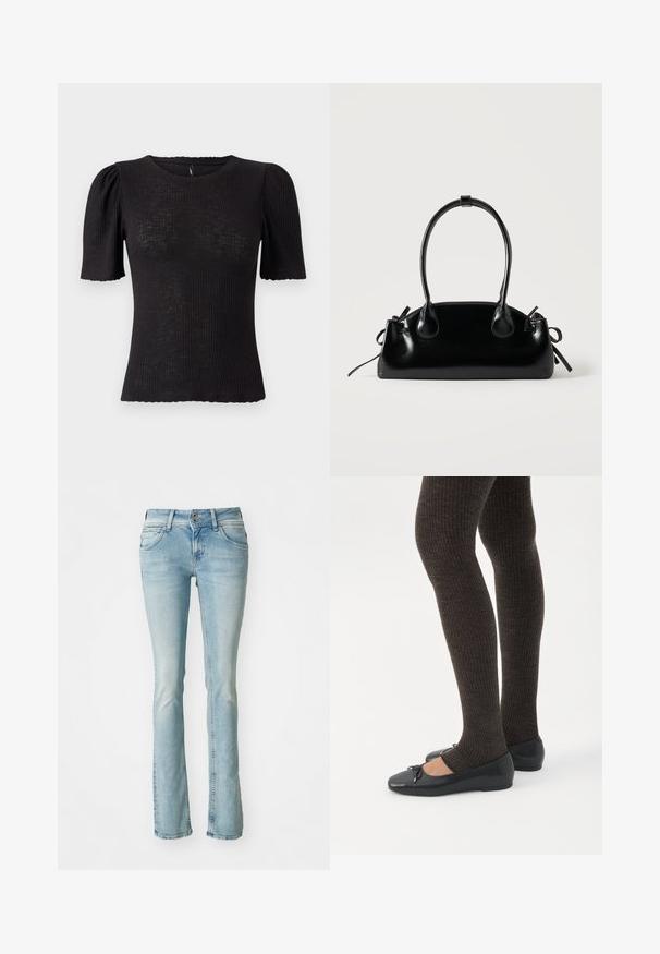 Zwart geribd topje met korte pofmouwen, ronde halslijn, gestructureerde stof en een getand randje bij de mouwopeningen.; Lichtblauwe denim jeans, bootcut ontwerp, vijf-pocketstijl, vervaagde details, ritssluiting en knoopsluiting, subtiele stikselaccenten, middelhoge taille.; Benen met donkere geribbelde leggings gecombineerd met zwarte ballerina's met kleine strikdetails op een witte achtergrond.; Kleine zwarte glanzende handtas met twee lange hengsels en zijkant trekkoord details op een effen lichte achtergrond.