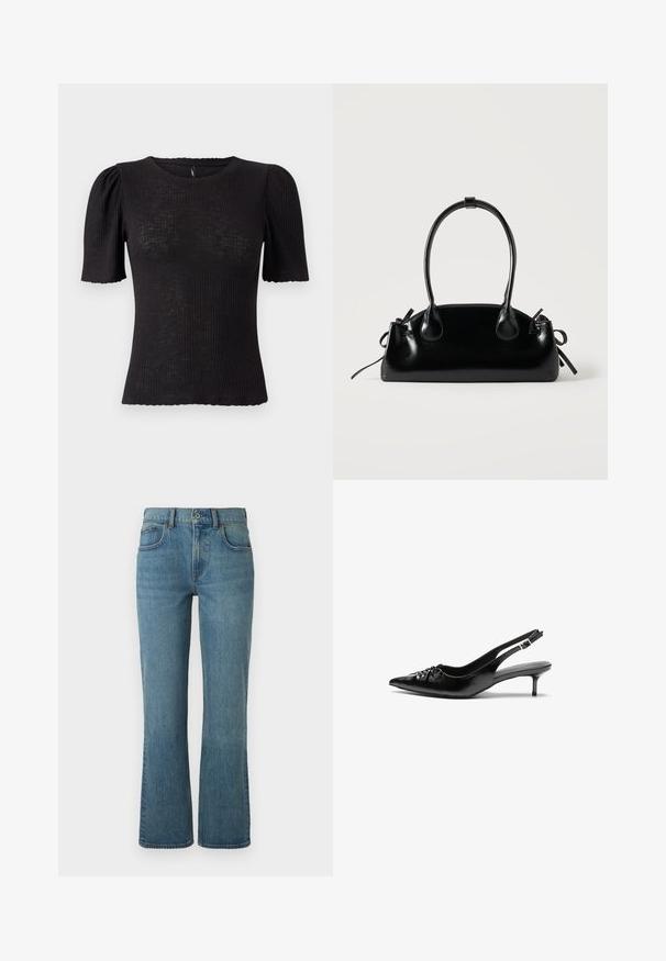 Sort ribstrikket top med korte puffede ærmer, rund halsudskæring, tekstureret stof og bølget kant ved ærmeåbningerne.; Lysblå flagrende jeans lavet af denim, med fem lommer, en frontknaplukning og subtil fading for tekstur.; Sorte læder slingback-pumps med spids tå, lav kitten-hæl og rynket detalje på overdelen. Glat tekstur og minimalistisk design.; Lille sort blank håndtaske med to lange håndtag og snøre-detaljer i siden på en ensfarvet lys baggrund.