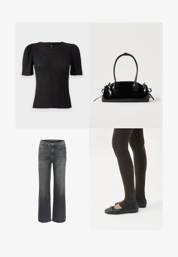 Top negro acanalado con mangas cortas abullonadas, escote redondeado, tejido texturizado y borde festoneado en las aberturas de las mangas.; Jeans de pierna ancha en denim gris oscuro, que cuentan con un diseño clásico de cinco bolsillos, detalles de costura y un cierre de botón en la cintura.; Piernas con leggings oscuros acanalados combinados con bailarinas negras que presentan pequeños detalles de lazo sobre un fondo blanco.; Pequeño bolso negro brillante con dos asas largas y detalles de cordón lateral sobre un fondo claro liso.