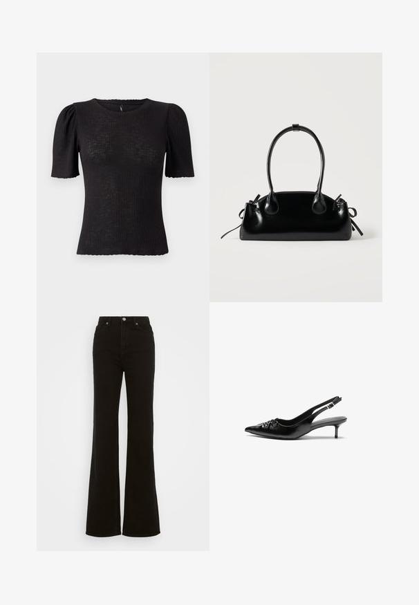 Sort ribstrikket top med korte puffede ærmer, rund halsudskæring, tekstureret stof og bølget kant ved ærmeåbningerne.; Høj talje sorte flare jeans lavet af denim, med knaplukning, sidelommer og en glat tekstur.; Sorte læder slingback-pumps med spids tå, lav kitten-hæl og rynket detalje på overdelen. Glat tekstur og minimalistisk design.; Lille sort blank håndtaske med to lange håndtag og snøre-detaljer i siden på en ensfarvet lys baggrund.
