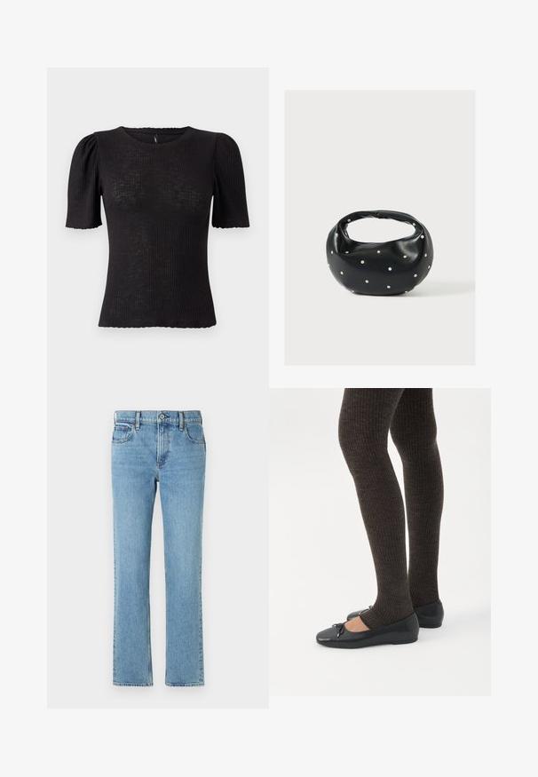 Sort ribstrikket top med korte puffede ærmer, rund halsudskæring, tekstureret stof og bølget kant ved ærmeåbningerne.; Lysblå denimjeans med lige pasform, fem lommer, knap- og lynlåslukning samt subtil fading. Klassisk, enkelt design.; Ben iført mørke ribbede leggings kombineret med sorte balletsko med små sløjfedetaljer på hvid baggrund.; Sort læderhåndtaske med en rundet form, dekoreret med sølvnitter, og et kort håndtag. Glat tekstur og lynlåslukning.