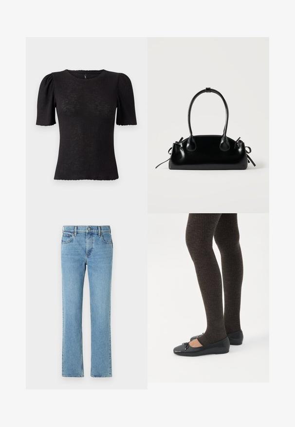Sort ribstrikket top med korte puffede ærmer, rund halsudskæring, tekstureret stof og bølget kant ved ærmeåbningerne.; Lysblå denimjeans med lige pasform, fem lommer, knap- og lynlåslukning samt subtil fading. Klassisk, enkelt design.; Ben iført mørke ribbede leggings kombineret med sorte balletsko med små sløjfedetaljer på hvid baggrund.; Lille sort blank håndtaske med to lange håndtag og snøre-detaljer i siden på en ensfarvet lys baggrund.