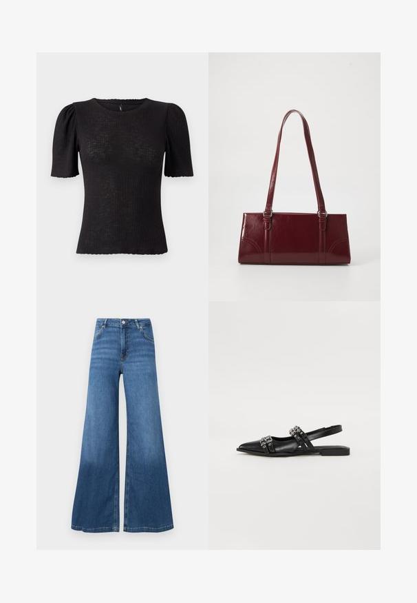 Sort ribstrikket top med korte puffede ærmer, rund halsudskæring, tekstureret stof og bølget kant ved ærmeåbningerne.; Bredde bukser i blå denim med høj talje, forlommer og en ren søm. Ingen synlige mønstre eller pyntegeler.; Even&Odd Slingback-ballerinasko - black; Bordeaux håndtaske lavet af glansfuldt materiale, rektangulær form, med to skulderremme og subtile buede detaljer på forsiden.