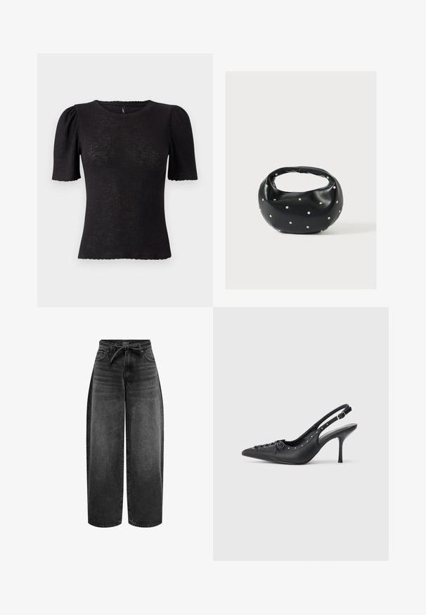 Sort ribstrikket top med korte puffede ærmer, rund halsudskæring, tekstureret stof og bølget kant ved ærmeåbningerne.; ONLY Straight fit ONLGIANNA Mid waist Balloon - Jeans Straight Leg - washed black; Sorte læder slingback stiletto med spids tå, side spændebånd, nitter langs kanten og dekorativ snøring foran.; Sort læderhåndtaske med en rundet form, dekoreret med sølvnitter, og et kort håndtag. Glat tekstur og lynlåslukning.
