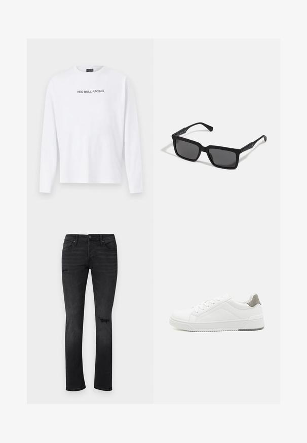 Weißes Langarm-T-Shirt aus Baumwolle mit dem Aufdruck "RED BULL RACING" in Schwarz über der Brust. Rundhalsausschnitt, lässige Passform.; Schwarze Jeans aus Denim mit Slim-Fit, die sichtbare, abgewetzte Stellen an den Knien aufweisen, fünf Taschen besitzen und einen normalen Knopf- und Reißverschluss haben.; Weißer Sneaker aus glattem Leder, runde Zehenpartie, minimalistisches Design, graue Fersenkante und strukturierte Gummisohle.; Schwarze Sonnenbrille mit rechteckigen Gläsern, mattem Finish, dickem Rahmen und schlanken Bügeln mit dezentem Branding-Detail.