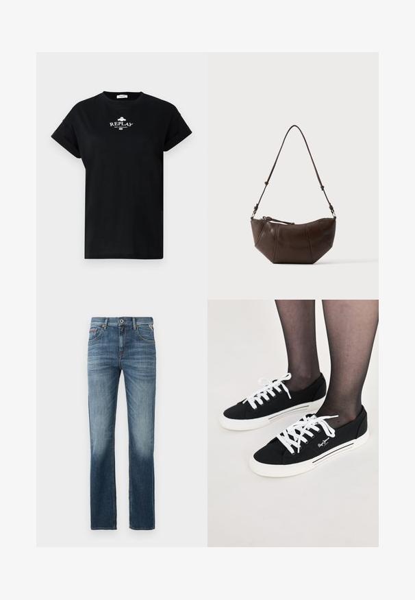 T-shirt en coton noir avec un col rond et des manches courtes retroussées. Présente le logo blanc "REPLAY NOT ORDINARY" sur le devant.; Jeans en denim bleu foncé avec une coupe à jambes droites, un léger délavage au niveau des cuisses et des coutures contrastantes. Design classique à cinq poches avec une fermeture éclair.; Baskets en toile noires avec lacets blancs, semelles en caoutchouc blanches et accents de rayures sur les côtés. Présente un logo sur les côtés extérieurs.; Sac à bandoulière en cuir marron avec un fond incurvé et une sangle réglable sur un fond clair uni.