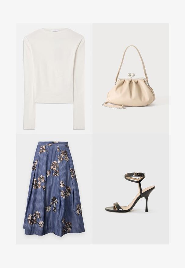 Haut à manches longues blanc en coton, dotée d'un col ras du cou simple et d'une coupe ajustée. Le tissu est lisse avec une légère élasticité.; Jupe midi bleue avec fines rayures blanches et broderie dispersée de sequins floraux marron, noir et beige, avec des plis et une ceinture ajustée.; Sandale à talons hauts en cuir verni noir avec une fine bride de cheville et une boucle, orteil ouvert et talon aiguille mince sur fond blanc.; Sac à main en cuir souple beige avec un fermoir en métal argenté, une bandoulière simple et une bandoulière chaîne optionnelle sur fond blanc.