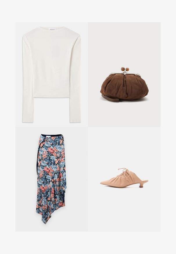 Camiseta blanca de manga larga hecha de algodón, con un sencillo cuello redondo y un ajuste ceñido. La tela es suave con un ligero estiramiento.; Rabanne Falda de tubo - english tapestry/pink/blue/green; Zueco de mujer de cuero beige con puntera puntiaguda, parte superior fruncida, cordón ajustable y tacón bajo de estilo kitten sobre fondo blanco.; Bolso de mano marrón suave de ante con marco metálico plateado y bolas redondas marrones como cierre sobre un fondo claro y sencillo.