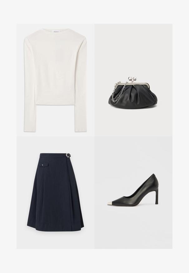 Witte lange mouw top van katoen, met een eenvoudige ronde hals en een slim fit. De stof is glad met een lichte stretch.; Navyblauwe A-lijn rok met een zijknoopsluiting, voorzien van een voorzak en een soepele, lichte stof met een lichte glans.; Zwarte leren hoge hak met een spits toelopende neus en een metalen zilverkleurige kap. Heeft een gladde afwerking en een slanke hak van 10 cm.; Zwarte leren clutch met geplooide textuur, zilverkleurig metalen frame, drukknopsluiting en kettingriem. Glad, zacht oppervlak.