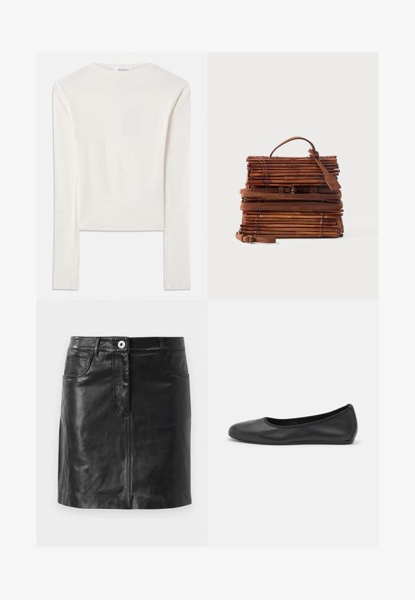 Hvid langærmet top lavet af bomuld, med en simpel rund hals og en slim fit. Stof er glat med en let stræk.; Weekend Max Mara HULL - Pencil skirt - nero; Sort læderballetsko med rund tå, glat tekstur, minimal syning og et fleksibelt såldesign.; Brun rektangulær bambus håndtaske med læderremme, topgreb og en bagagemærkat på en ensfarvet lys baggrund.