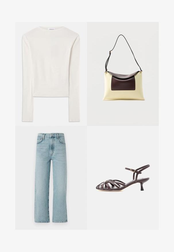 Haut à manches longues blanc en coton, dotée d'un col ras du cou simple et d'une coupe ajustée. Le tissu est lisse avec une légère élasticité.; Jean droit bleu clair en denim, doté d'une taille haute, d'une fermeture à bouton à l'avant et d'une décoloration subtile sur le tissu.; Sandale à talon kitten en cuir marron foncé avec lanières et bride de cheville réglable à boucle sur fond blanc.; Sac à bandoulière en cuir crème et marron foncé avec rabat incurvé et sangle noire ajustable sur fond blanc.