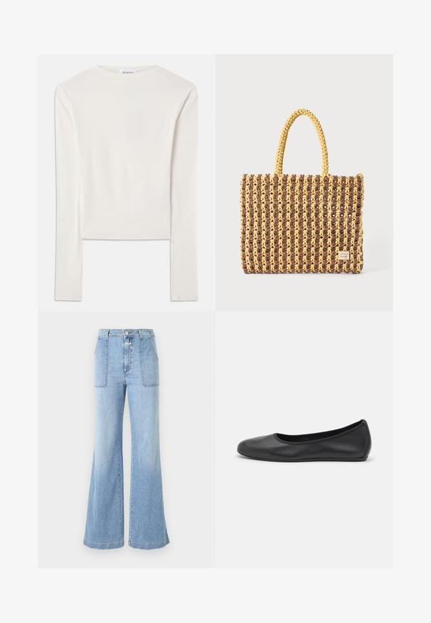 Weißes Langarmshirt aus Baumwolle mit Rundhalsausschnitt und schmaler Passform. Der Stoff ist glatt und hat einen leichten Stretch.; CLOSED ARIA - Flared Jeans - light blue; Schwarze Leder-Ballettschuhe mit abgerundeter Spitze, glatter Textur, minimalen Nähdetails und einem flexiblen Sohlen-Design.; Gewebte Tasche in Braun und Gelb, mit rechteckiger Form, zwei Tragriemen und einer strukturierten Oberfläche mit sichtbaren Nähten und einem Markenschild.