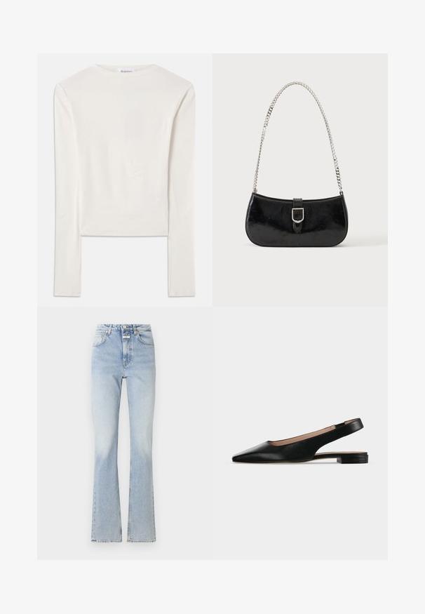 Witte lange mouw top van katoen, met een eenvoudige ronde hals en een slim fit. De stof is glad met een lichte stretch.; Lichtblauwe jeans met een hoge taille, uitlopende pijpen en een subtiele vervaagde textuur. Voorzien van een knoop- en ritsluiting, met vijf zakken.; Zwarte leren slingback platte schoen met spitse neus en lage vierkante hak op een witte achtergrond.; Zwarte lakleren schoudertas met een zilveren gespdetail en een zilveren kettingriem, getoond tegen een effen lichte achtergrond.