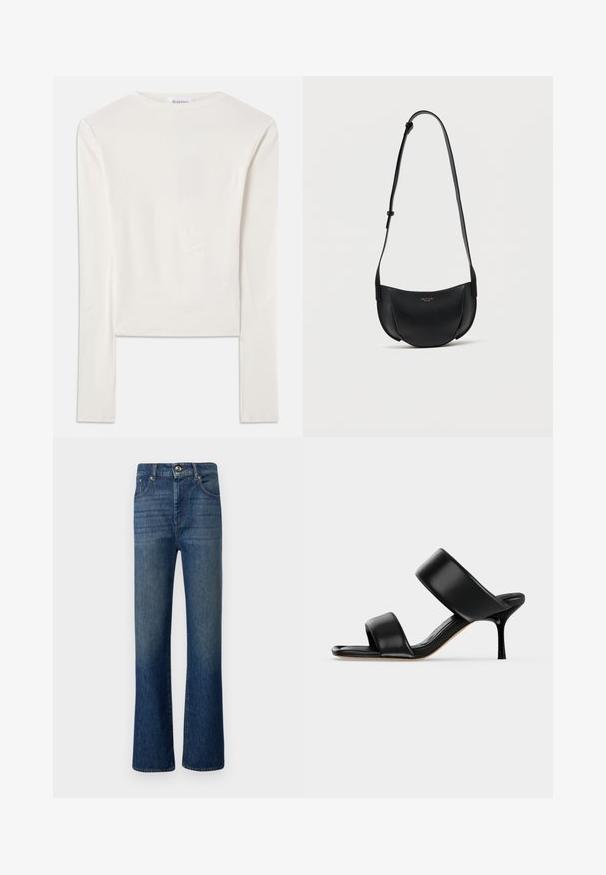 Haut à manches longues blanc en coton, dotée d'un col ras du cou simple et d'une coupe ajustée. Le tissu est lisse avec une légère élasticité.; Jean en denim bleu foncé, avec une taille haute et des jambes évasées. Texture lisse avec un léger délavage, cinq poches et fermeture avec un bouton en métal.; Sandale mule en cuir noir avec deux larges brides et un talon stiletto fin de hauteur moyenne sur un fond clair uni.; Sac bandoulière en cuir noir en forme de croissant avec bandoulière réglable et petit logo doré au centre avant.