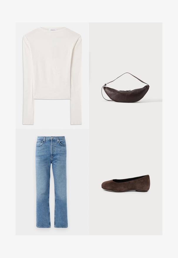 Weißes Langarmshirt aus Baumwolle mit Rundhalsausschnitt und schmaler Passform. Der Stoff ist glatt und hat einen leichten Stretch.; Hellblaue Denim-Jeans mit geradem Bein, hoher Taille, fünf Taschen und Kupferhardware. Glatte Textur mit verwaschenem Finish.; Brauner Wildleder-Flachschuh mit abgerundetem Zeh und niedrigem Absatz, Seitenansicht vor einfachem hellem Hintergrund.; Dunkelbraune Leder-Schultertasche in Halbmondform mit gebogenem Riemen und sichtbarer Naht auf schlichtem Hintergrund.