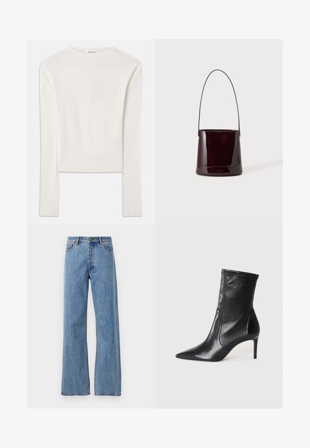 Witte lange mouw top van katoen, met een eenvoudige ronde hals en een slim fit. De stof is glad met een lichte stretch.; Lichtblauwe hoge taille straight-leg jeans met een voorknoop, rits en vijf-pocket ontwerp op een effen witte achtergrond.; Zwarte enkelboots van soepel leer, met een spitse neus, een aangesloten schacht en een slanke hoge hak. Minimalistisch ontwerp zonder zichtbare hardware.; Donkerbruine glanzende emmerhandtas met een lange dunne riem en minimale zichtbare stiksels op een lichte achtergrond.