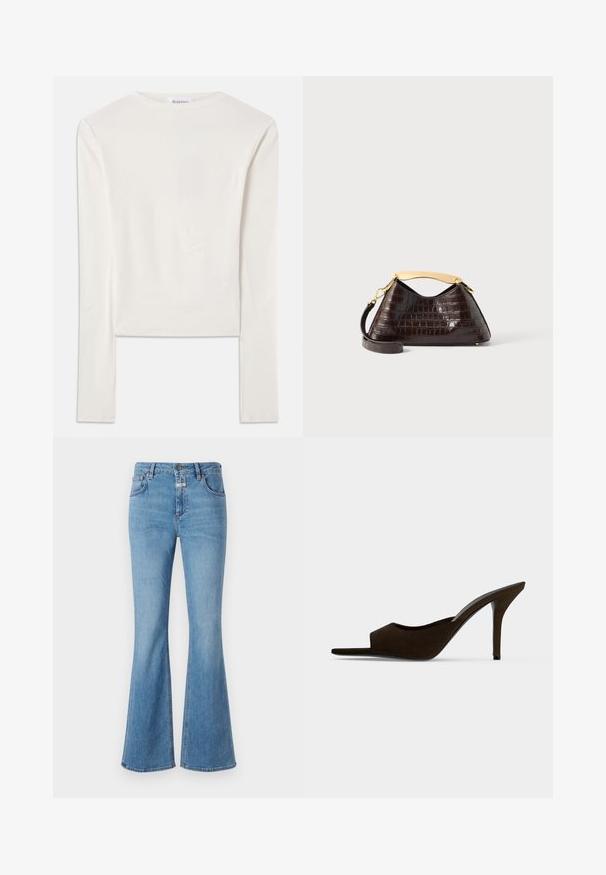 Weißes Langarmshirt aus Baumwolle mit Rundhalsausschnitt und schmaler Passform. Der Stoff ist glatt und hat einen leichten Stretch.; CLOSED JOVANNA - Jeans Bootcut - light blue; Schwarzer Wildleder-Mule mit offenem Zehenbereich, schlankem hohem Absatz und Slip-On-Design, seitlich auf schlichtem Hintergrund gezeigt.; Dunkelbraune, krokodilgeprägte Handtasche mit goldfarbenem, geschwungenem Tragegriff und abnehmbarem Schulterriemen auf weißem Hintergrund.