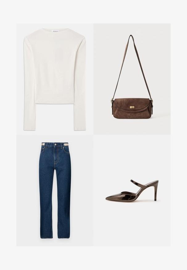 Camiseta blanca de manga larga hecha de algodón, con un sencillo cuello redondo y un ajuste ceñido. La tela es suave con un ligero estiramiento.; Rabanne Vaqueros rectos - dark blue denim; Mule de tacón alto de punta estrecha de color marrón oscuro brillante con una tira delgada sobre el empeine sobre un fondo blanco liso.; Bolso de hombro de ante marrón con una larga correa ajustable y un cierre giratorio dorado en la solapa frontal.