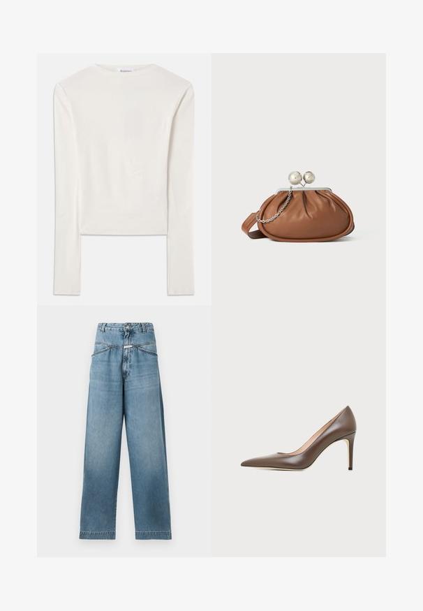 Haut à manches longues blanc en coton, dotée d'un col ras du cou simple et d'une coupe ajustée. Le tissu est lisse avec une légère élasticité.; CLOSED DENI - Wide Leg - mid blue; Chaussure à talon haut en cuir marron à bout pointu avec un talon aiguille fin et une finition lisse sur un fond clair.; Pochette en cuir marron avec un fermoir à boule en argent et un petit détail en chaîne argentée sur fond blanc.