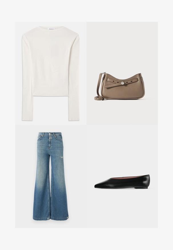 Hvid langærmet top lavet af bomuld, med en simpel rund hals og en slim fit. Stof er glat med en let stræk.; CLOSED GLOW UP - Wide leg - mid blue; Sort damesko i læder med flad hæl og spids tå, vist fra siden på en ensfarvet lys grå baggrund.; Læderhåndtaske i taupe med sløjfedetalje foran, der har en buet silhuet, justerbar rem og metalhardware.