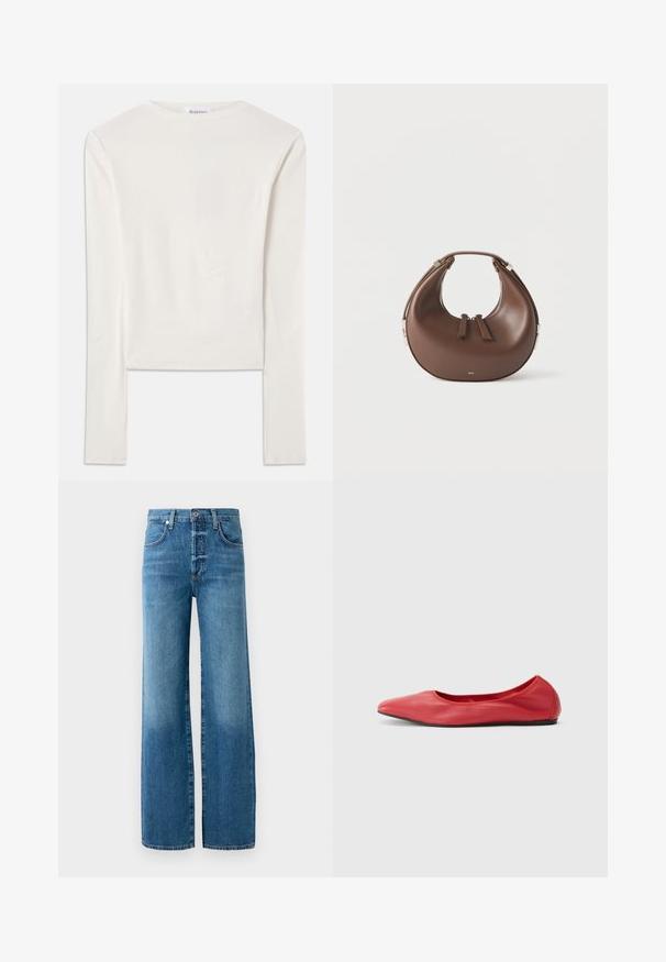 Camiseta blanca de manga larga hecha de algodón, con un sencillo cuello redondo y un ajuste ceñido. La tela es suave con un ligero estiramiento.; Jeans de pierna ancha fabricados con denim azul claro. Presenta una cremallera de botones, trabillas para el cinturón y costuras en contraste. La tela tiene un efecto de lavado desgastado.; Filippa K REY FLATS - Bailarinas - bright red; Bolso de cuero marrón en forma de media luna con asa superior y dos cierres de cremallera sobre un fondo blanco.