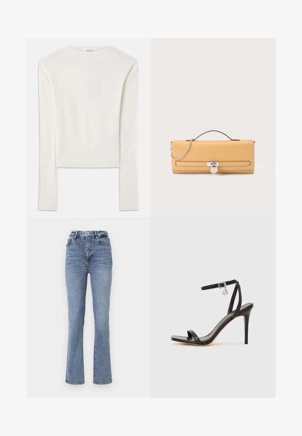 Haut à manches longues blanc en coton, dotée d'un col ras du cou simple et d'une coupe ajustée. Le tissu est lisse avec une légère élasticité.; Jean en denim bleu taille haute avec une coupe droite, présentant un style classique à cinq poches et de subtils accents de couture.; Sandale à talon haut noire avec une bride étroite à la cheville, bout carré, cuir lisse et accent de boucle métallique.; Pochette rectangulaire en cuir couleur tan avec poignée supérieure, détail de chaîne argentée, et fermeture à loquet argentée sur le rabat avant.