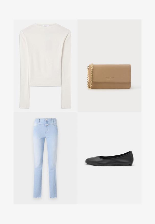 Weißes Langarmshirt aus Baumwolle mit Rundhalsausschnitt und schmaler Passform. Der Stoff ist glatt und hat einen leichten Stretch.; Hellblaue Jeans aus Denim mit geradem Schnitt, einem verwaschenen Finish, fünf Taschen, leichten Ausfransungen am Saum und einem Knopfverschluss vorne.; Schwarze Leder-Ballettschuhe mit abgerundeter Spitze, glatter Textur, minimalen Nähdetails und einem flexiblen Sohlen-Design.; Beige Lederbörse mit Klappdesign, goldener Kettenriemen und geprägt detailiertem Logo auf der Vorderseite. Glatte Textur, rechteckige Form.