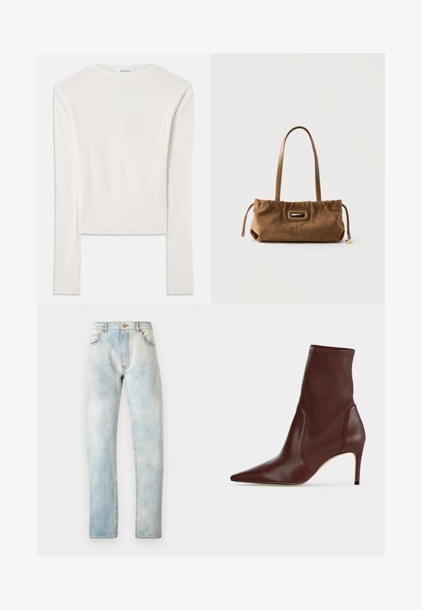 Hvid langærmet top lavet af bomuld, med en simpel rund hals og en slim fit. Stof er glat med en let stræk.; Lyseblå denimjeans med lige pasform, fem lommer og knaplukning. Begge med en bleg tekstur og detaljeret syning på sømmene.; Mørkebrun læderankelstøvle med spids snude og slank høj hæl mod en ensfarvet lys baggrund.; Brun ruskindtaske med lange læderstropper, en rynket øverste kant og en lille guldfarvet charm på en snøre lukning.